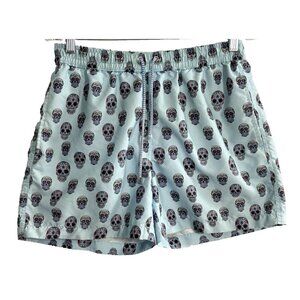LUCHIANO VISCONTI Men Boardshorts Skulls Elastic Waist Drawstring Sz M Blue 48-4